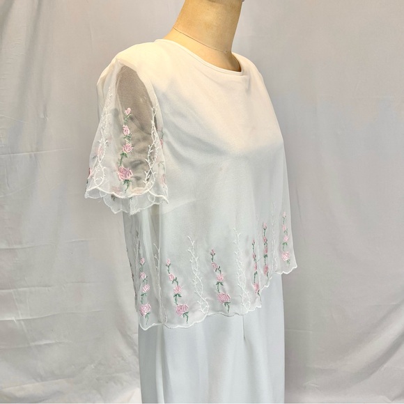 VINTAGE rose embroidered sheer midi dress short sleeve sheer delicate formal 80s - Picture 5 of 12